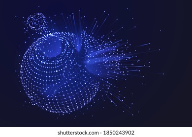 Abstract sphere explosion. Particles burst, energy spark globe banner. Digital technology world, 3d recent connected lines vector concept