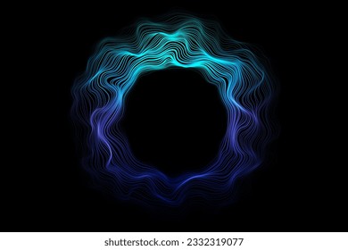 Abstract sphere flowing light lines wave blue green gradient isolated on black background. Vector in concept of AI technology, science, music, modern.