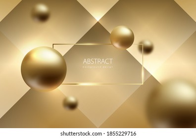 Abstract sphere gold background. Golden balls on volume geometric backdrop. Rectangular frame header. Blurred globes. Luxury trendy design for holiday Christmas, New Year party poster or package label