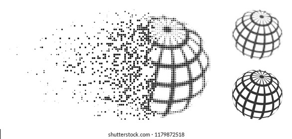 Abstract sphere grid icon in dissolved, pixelated halftone and source variants. Points are combined into vector disappearing abstract sphere grid pictogram.