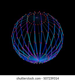 Abstract sphere from lines and dots.Isolated on black background.Vector colorful illustration.