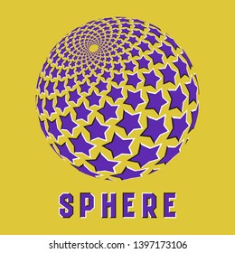 Abstract sphere logo symbol with motion illusion effect. Purple globe emblem with moving pentagram elements.