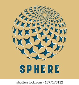 Abstract sphere logo symbol with motion illusion effect. Blue globe emblem with moving four-pointed stars shapes.