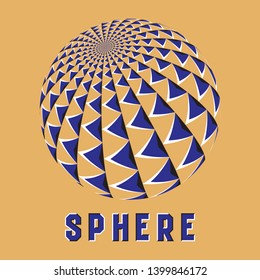 Abstract sphere logo symbol with motion illusion effect. Blue globe emblem with moving triangular arrows shapes.