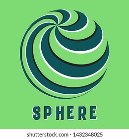 Abstract sphere logo symbol with motion illusion effect. Green globe emblem with spiral stripes.