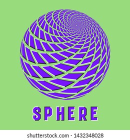 Abstract sphere logo symbol with motion illusion effect. Purple globe emblem with moving quadrangular shapes.