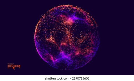 Abstract Sphere. Magic Particles Orb. Dynamic Particles Moving Inside 3D Sphere. Particles Circle Frame. Digital Explosion. Vector Illustration.