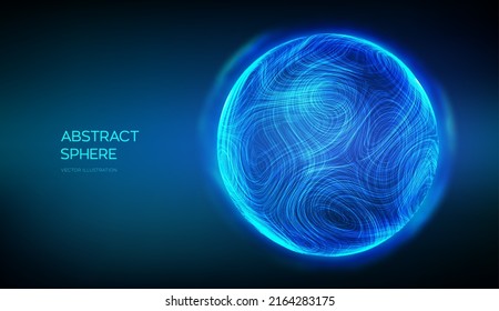 Abstract sphere on blue background. 3d blue energy ball. Ultra thin line fluid geometry. Dynamic distorted sphere. Wave motion particle trails. Futuristic sound or data waveform. Vector illustration.