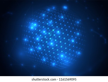 Abstract sphere shape of glowing circles and particles. Global Network connection visualization. Science and technology background.