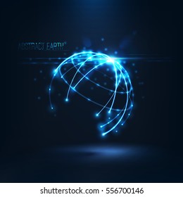 Abstract sphere shape of glowing circles and particles with lens flare effect . Global Network connection visualization . Futuristic earth globe . 3d planet concept .Science and technology background 