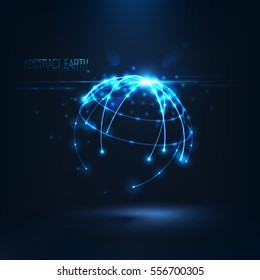 Abstract sphere shape of glowing circles and particles with lens flare effect . Global Network connection visualization . Futuristic earth globe  3d planet concept . Science and technology background 