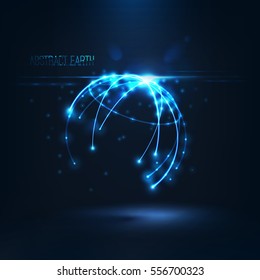 Abstract sphere shape of glowing circles and particles with lens flare effect . Global Network connection visualization . Futuristic earth globe . 3d planet concept  Science and technology background
