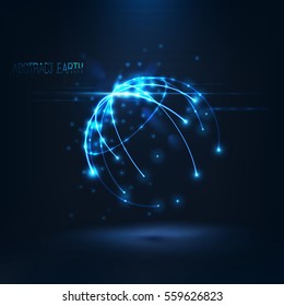 Abstract sphere shape of glowing circles and particles with lens flare effect . Global Network connection visualization . Futuristic earth globe . 3d planet concept Science and technology background