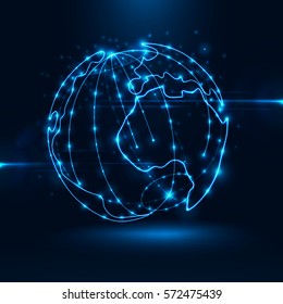 Abstract sphere shape of glowing circles and particles . Global Network connection visualization . Futuristic earth globe . 3d planet concept . Science and technology background 