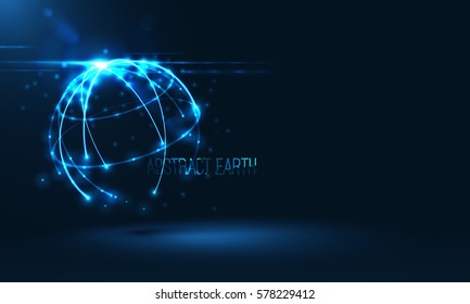 Abstract sphere shape of glowing circles and particles with lens flare effect . Global Network connection visualization . Futuristic earth globe . 3d planet concept .Science and technology background 