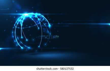 Abstract sphere shape of glowing circles and particles with lens flare effect . Global Network connection visualization . Futuristic earth globe . 3d planet concept .Science and technology background 