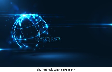 Abstract sphere shape of glowing circles and particles with lens flare effect . Global Network connection visualization . Futuristic earth globe . 3d planet concept .Science and technology background 