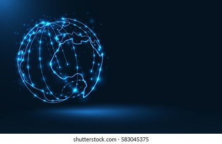 Abstract sphere shape of glowing circles and particles with lens flare effect . Global Network connection visualization . Futuristic earth globe . 3d planet concept .Science and technology background 
