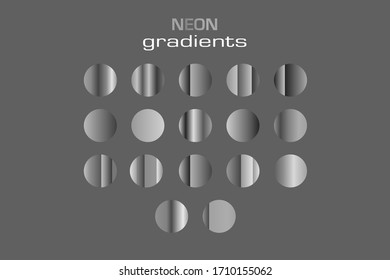 Gradientes de color plateado de esfera abstracta aislados en fondo gris. Baloncesto mínimo metálico en círculo 3d. Geometría líquida moderna. Conjunto de plantillas de degradado plateado