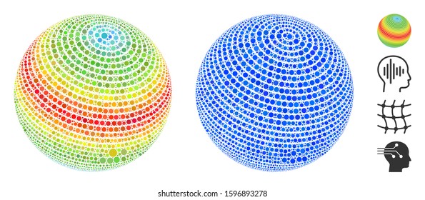 Abstract sphere spectrum stripes mosaic of small circles in different sizes and shades, based on abstract sphere spectrum stripes icon. Vector small circles are combined into blue illustration.