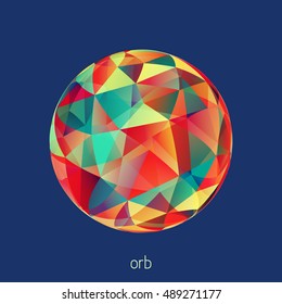 Abstract sphere textured by triangles on a blue background. Vector graphics