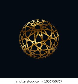 Abstract sphere with traditional arabic pattern textured with golden paint. Vector geometric illustration. Islamic girih design. Woven geometry. Oriental ornament. Decoration element