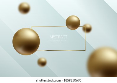 Abstract sphere white background. Golden balls on light blue volume geometric backdrop. Gold frame header. Blured globes. Luxury trendy design