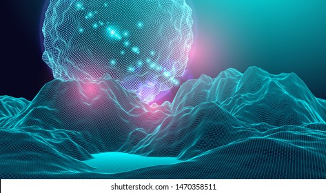 Abstract sphere. Wireframe landscape background. Futuristic vector illustration.