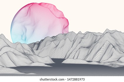 Abstract sphere. Wireframe landscape background. Futuristic vector illustration.
