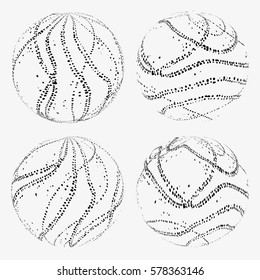Abstract spheres made with black ink elements on light background. The effect of 3D ball. Handmade geometric shapes and patterns of 