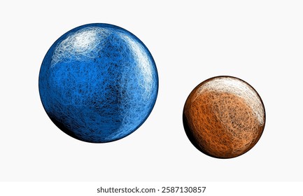 abstract spheres rendered with interwoven lines in blue and brown hues, suggesting a dynamic and artistic representation.