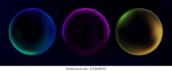 Abstract spheres set with color gradient isolated on black background. Vector realistic illustration of neon blue, purple, yellow holographic bubbles, fluid ball, aura effect, geometric design element