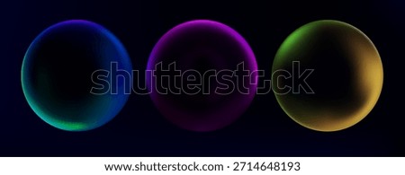 Abstract spheres set with color gradient isolated on black background. Vector realistic illustration of neon blue, purple, yellow holographic bubbles, fluid ball, aura effect, geometric design element