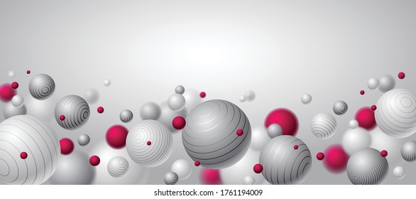 Abstract spheres vector background with blank copy space, composition of flying balls decorated with lines, 3D mixed realistic globes, realistic depth of field effect.