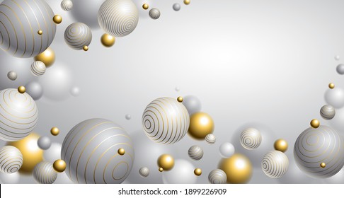 Abstract spheres vector background with blank copy space, composition of flying balls decorated with lines, 3D mixed realistic globes, realistic depth of field effect.