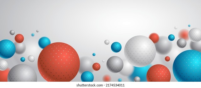 Abstract spheres vector background with blank copy space, composition of flying balls decorated with dots, 3D mixed realistic globes, realistic depth of field effect.