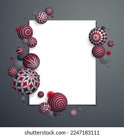 Abstract spheres vector background with blank paper sheet, composition of flying balls decorated with patterns, 3D mixed variety realistic globes with ornaments, depth of field effect.