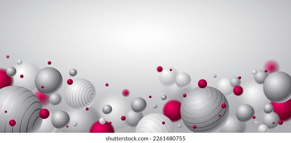 Abstract spheres vector background with blank copy space, composition of flying balls decorated with lines, 3D mixed realistic globes, realistic depth of field effect.
