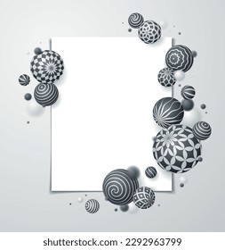 Abstract spheres vector background with blank paper sheet, composition of flying balls decorated with patterns, 3D mixed variety realistic globes with ornaments, depth of field effect.
