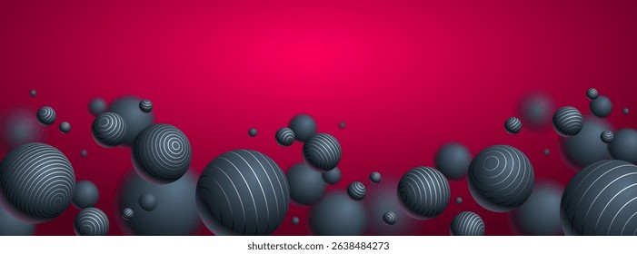Abstract spheres vector background with blank copy space, composition of flying balls decorated with lines, 3D mixed realistic globes, realistic depth of field effect.