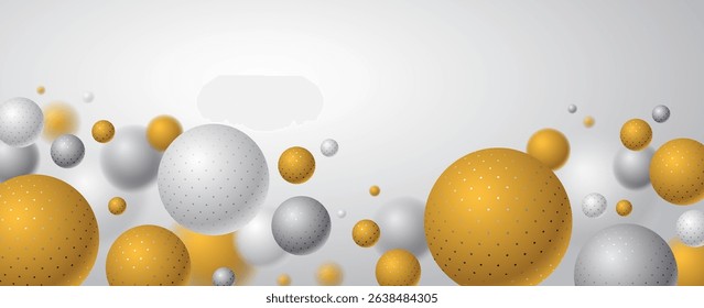 Abstract spheres vector background with blank copy space, composition of flying balls decorated with dots, 3D mixed realistic globes, realistic depth of field effect.