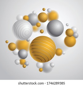 Abstract spheres vector background, composition of flying balls decorated with lines, 3D mixed realistic globes, realistic depth of field effect.