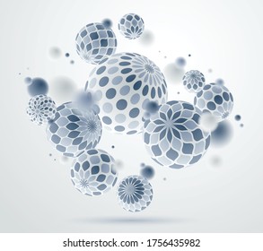 Abstract spheres vector background, composition of flying balls decorated with patterns, 3D mixed variety realistic globes with ornaments, realistic depth of field effect.