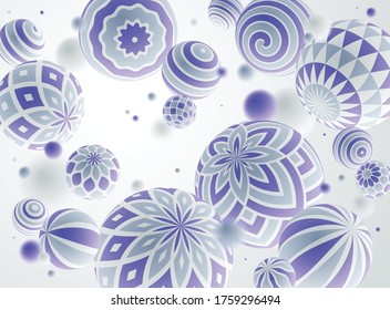 Abstract spheres vector background, composition of flying balls decorated with patterns, 3D mixed variety realistic globes with ornaments, realistic depth of field effect.