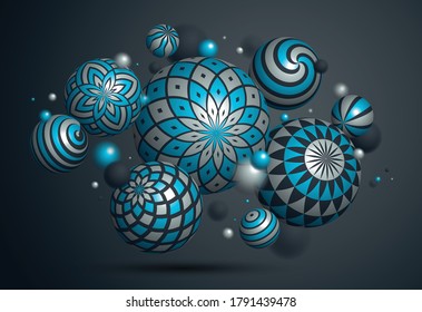 Abstract spheres vector background, composition of flying balls decorated with patterns, 3D mixed variety realistic globes with ornaments, realistic depth of field effect.