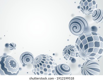 Abstract spheres vector background, composition of flying balls decorated with patterns, 3D mixed variety realistic globes with ornaments, with blank copy space.