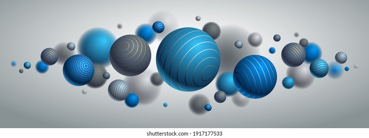 Esferas abstractas fondo vectorial, composición de bolas voladoras decoradas con líneas, globos 3D mixtos realistas, profundidad realista del efecto de campo.