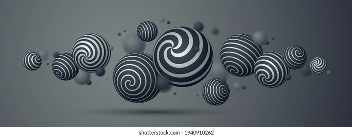 Abstract spheres vector background, composition of flying balls decorated with patterns, 3D mixed variety realistic globes with ornaments, realistic depth of field effect.