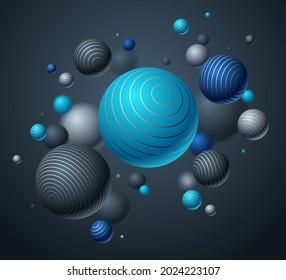 Abstract spheres vector background, composition of flying balls decorated with lines, 3D mixed realistic globes, realistic depth of field effect.