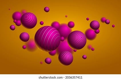 Abstract spheres vector background, composition of flying balls decorated with lines, 3D mixed realistic globes, realistic depth of field effect.
